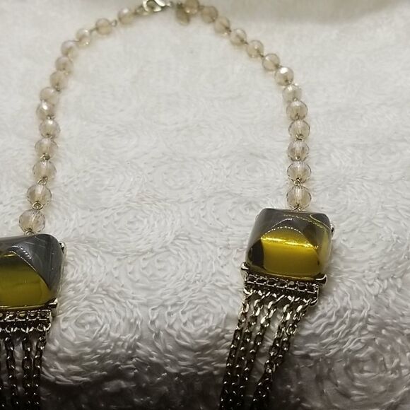 Ann Taylor Necklace Square Lucite Crystal Green Five Multiple Chains Gold - Picture 6 of 10